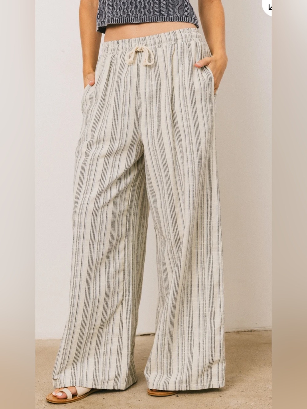Bohme Korea Striped Wide-Leg Drawstring linen blend Pants Cream/blue sz small